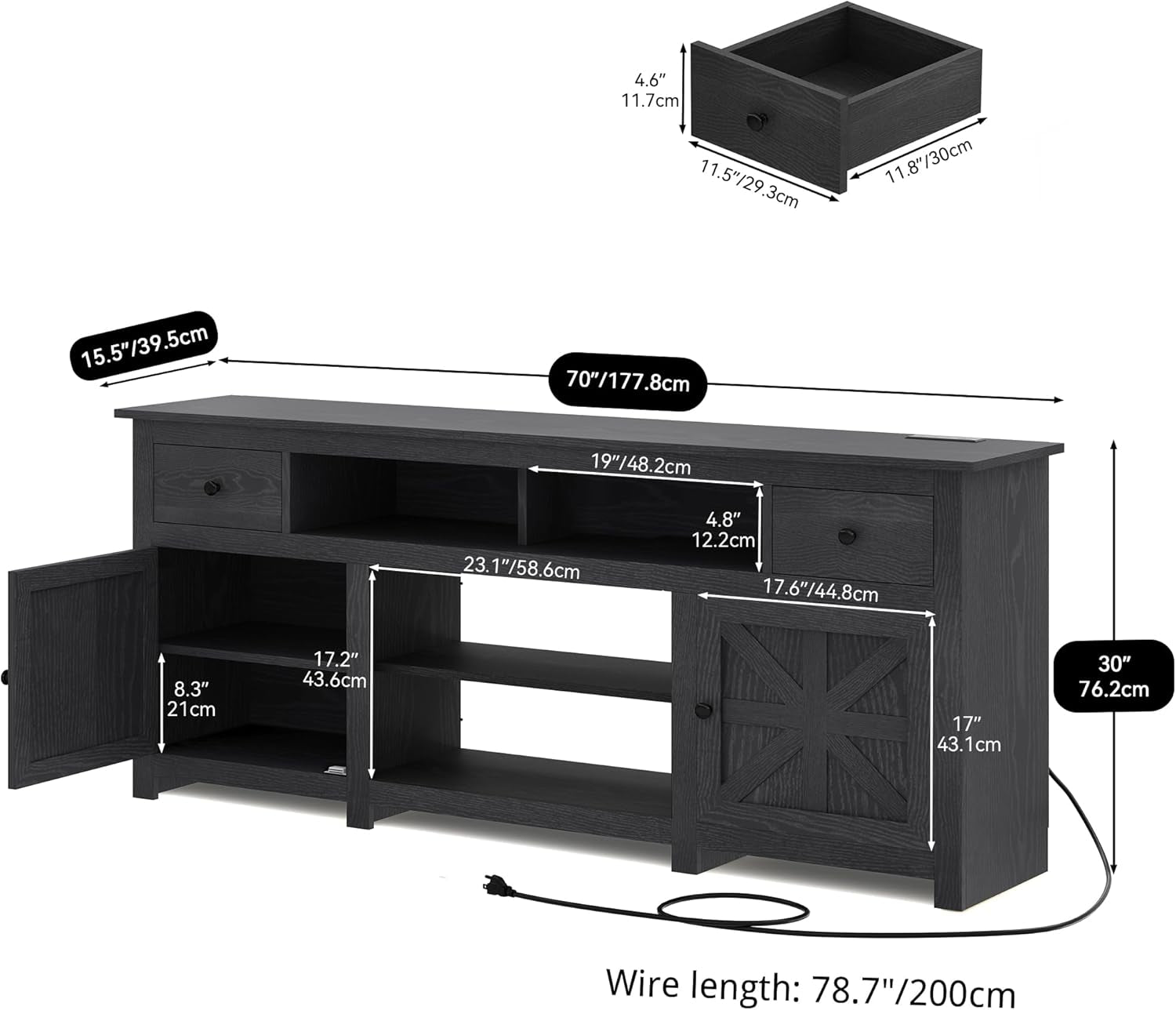 TV Stand for 75/80 Inch TV, Entertainment Center, TV Cabinet with Drawers and Power Outlet, Black TV Console for Living Room Furniture (70 Inch Lenght 30 Inch High)