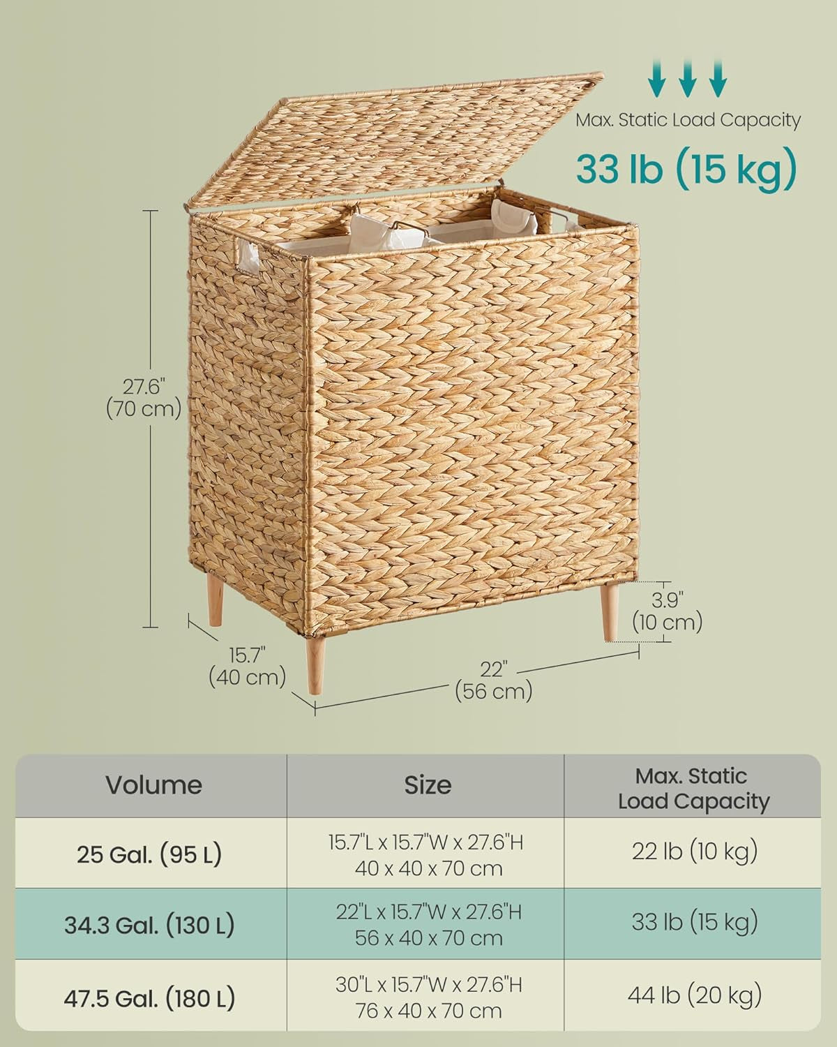 Laundry Hamper 2 Sections, 34.3 Gal. (130 L) Handwoven Water Hyacinth Wicker Laundry Basket with Lid, Natural Material, Removable Machine Washable Liners, Handles, Natural ULCB202Y01