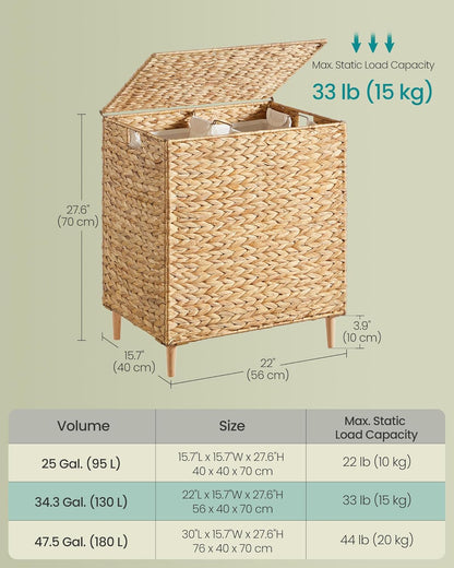 Laundry Hamper 2 Sections, 34.3 Gal. (130 L) Handwoven Water Hyacinth Wicker Laundry Basket with Lid, Natural Material, Removable Machine Washable Liners, Handles, Natural ULCB202Y01