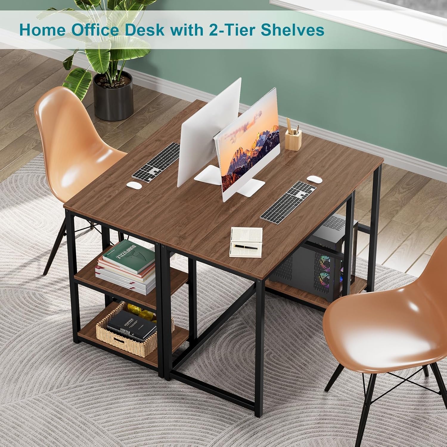 40" Vintage Desk with Shelves, Sturdy Dark Brown Desks with Storage, Rustic Desk Wooden