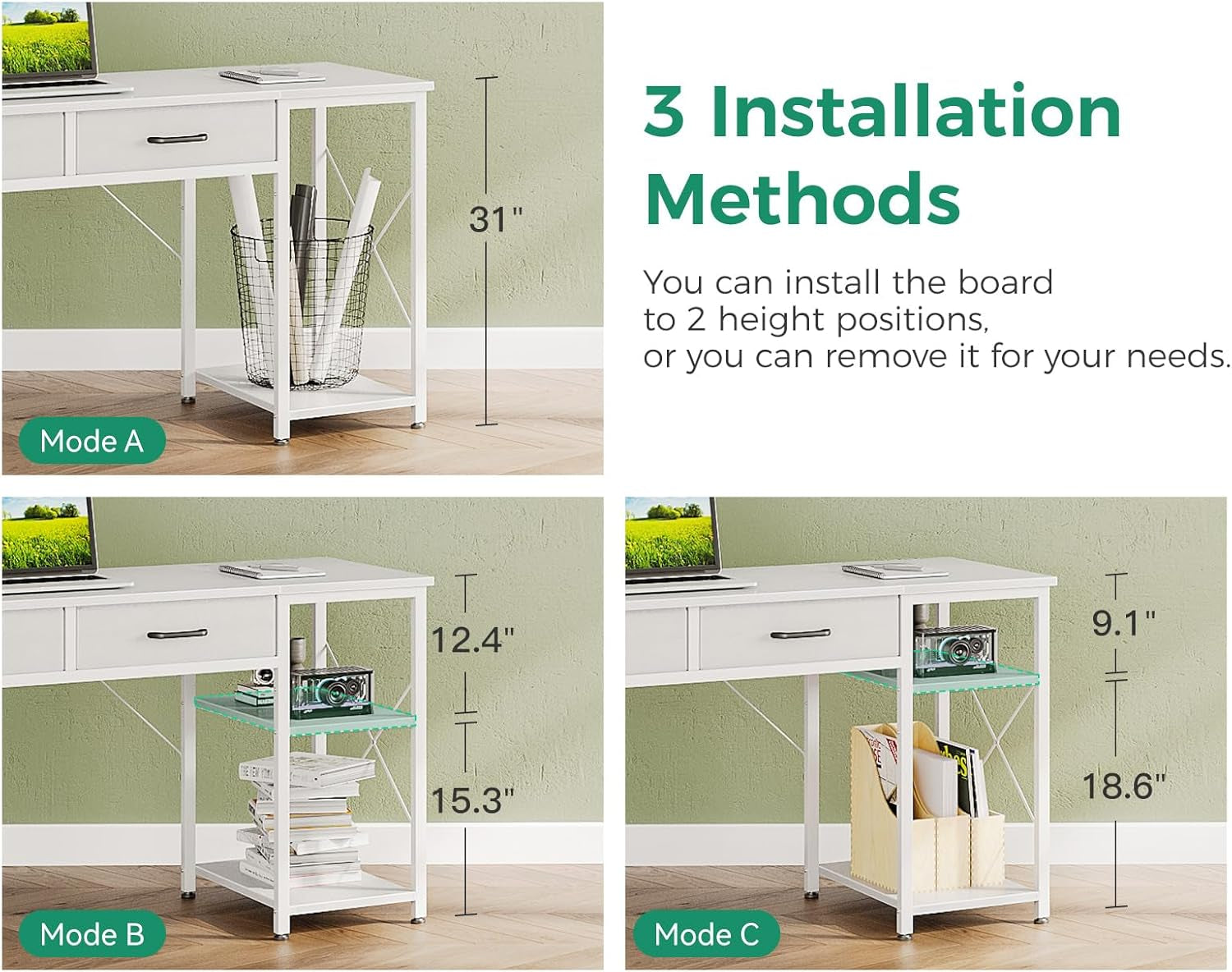 Small Computer Desk with Drawers, 40 Inch Reversible Home Office Desk with Storage Shelves, Study Laptop Vanity Table for Bedroom Small Space, White