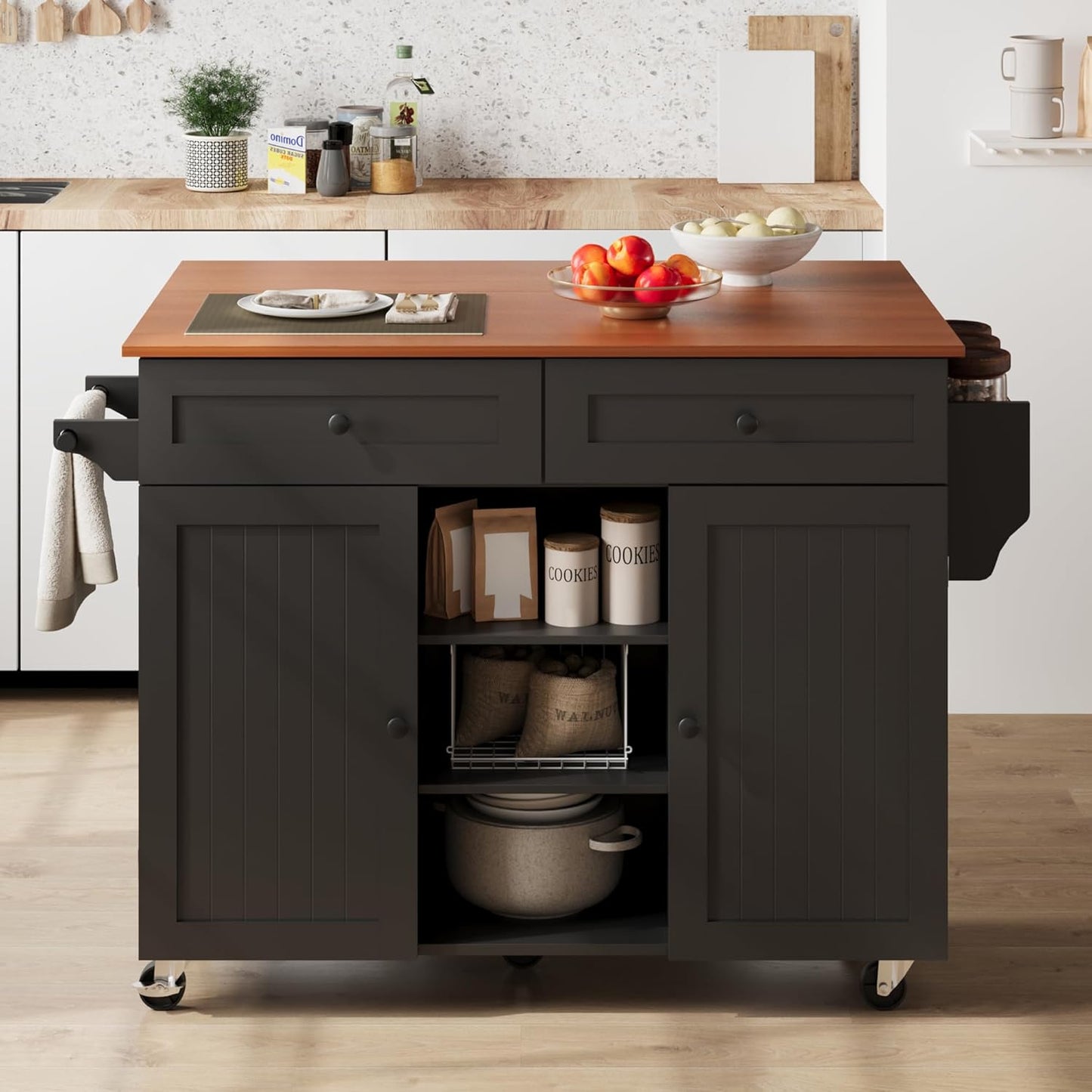 Kitchen Island on Wheels, Rolling Kitchen Island Cart with Drop Leaf and 2 Drawers, Mobile Kitchen Table Storage Cabinet with Tower Rack and Spice Rack for Dining Room, Kitchen, Black