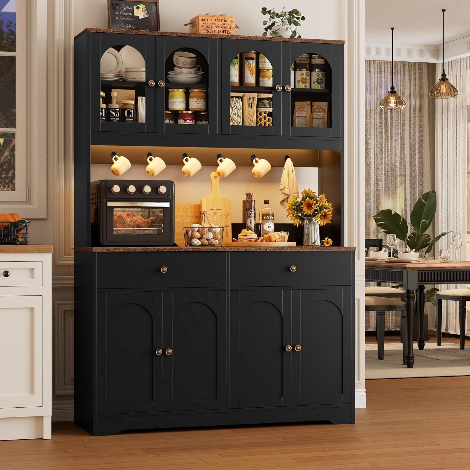 71" LED Kitchen Pantry Cabinet with Power Outlet, Large Kitchen Hutch Storage Cabinet with Arched Door & Shelves & 2 Drawers, Tall Farmhouse Coffee Bar W/Hutch for Home Dining Living Room, Black