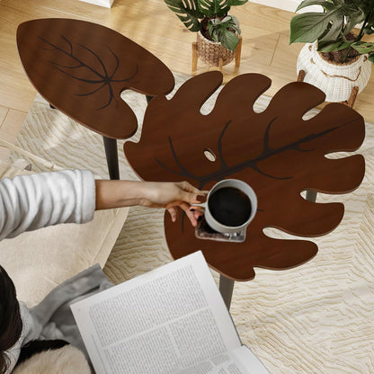 Monstera Leaf Nesting Tables Set of 2, Small Side Tables F Set with Leaf Vein Pattern, Modern Wooden Coffeetables for Living Room Bedroom Apartment Balcony Yard