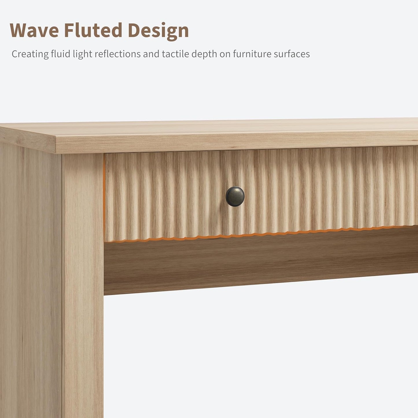 Fluted Home Office Desk Storage, 54 in Modern Executive Desk with Charging Station, Wooden Computer Writing Desk with File Cabinet & Drawers for Study, Living Room, Bedroom-Burlywood