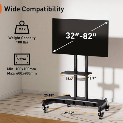 Rolling TV Stand for 32-82 Inch Flat/Curved LED/LCD/OLED Tvs, Outdoor Mobile TV Carts on Wheels with Adjustable Shelf, VESA 600X400Mm up to 100Lbs, Portable Mount with Wheels PGTVMC05-1