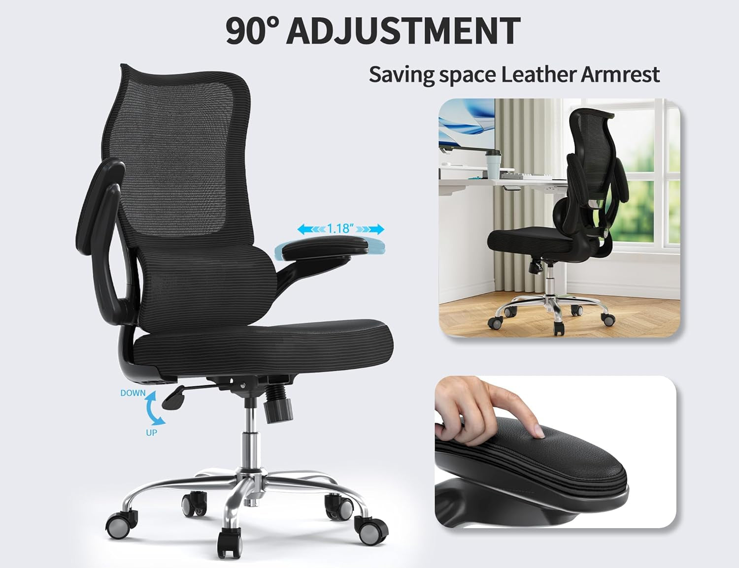 Ergonomic Office Chair - Desk Chair with Wave High Back Adjustable Lumbar Support Computer Chair - Gaming Chairs Mesh Backrest and PU Leather Seat for Home Reading Chairs to Adults(Black)