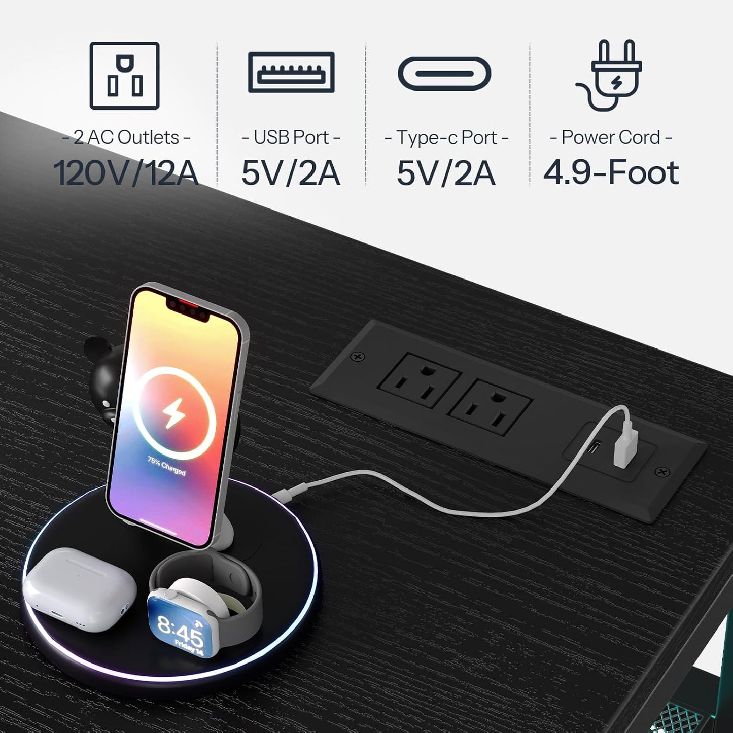 LED TV Stand with Charging Station, 4-Tier Entertainment Gaming Center, Modern Media Console Table, Open Shelves, 55.1"L X 13.8"W X 26.2"H, for Tvs up to 65", for Living Room, Black BB47UDDS01