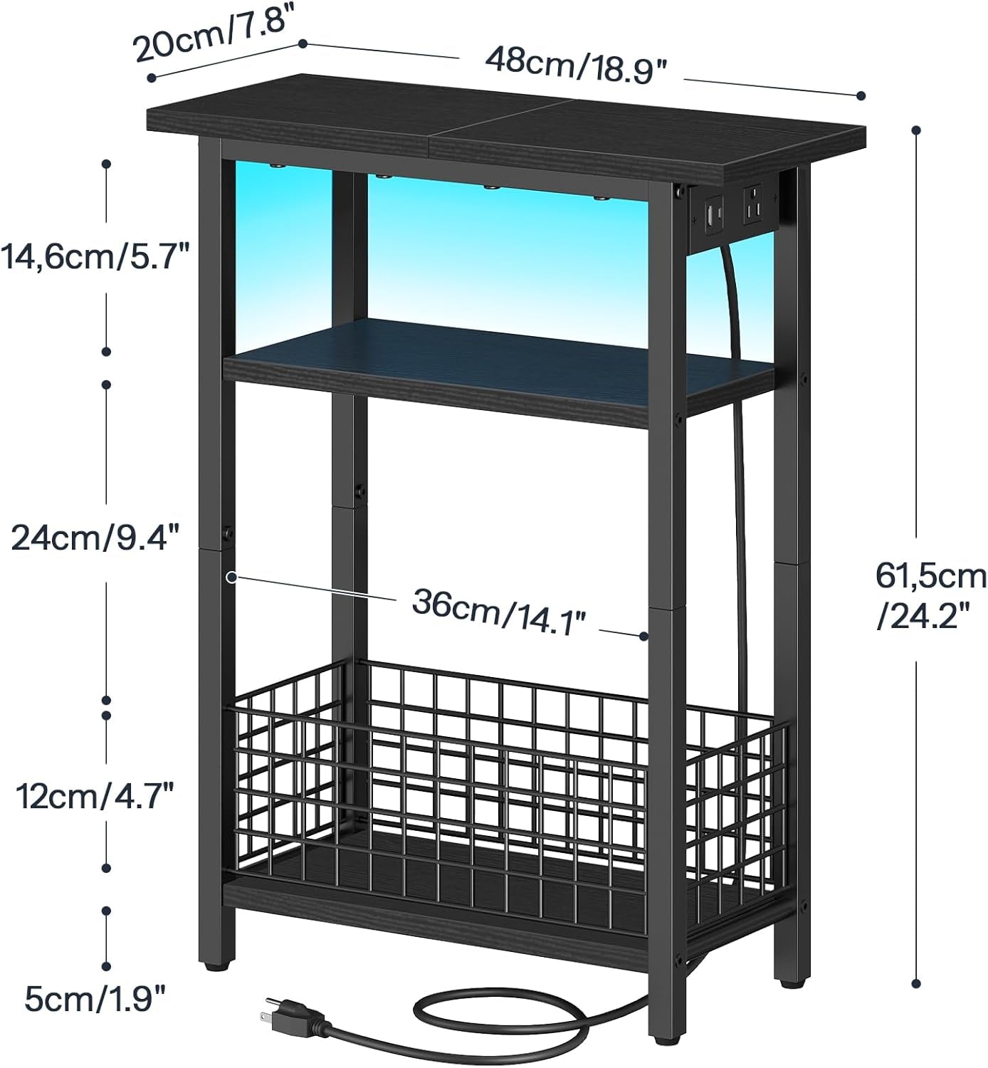 Narrow Side Table with Charging Station and LED Light, Small End Table with Storage, Skinny Nightstand with USB Port, Slim Bedside Table for Small Spaces, Living Room, Black BB242UDBZ01