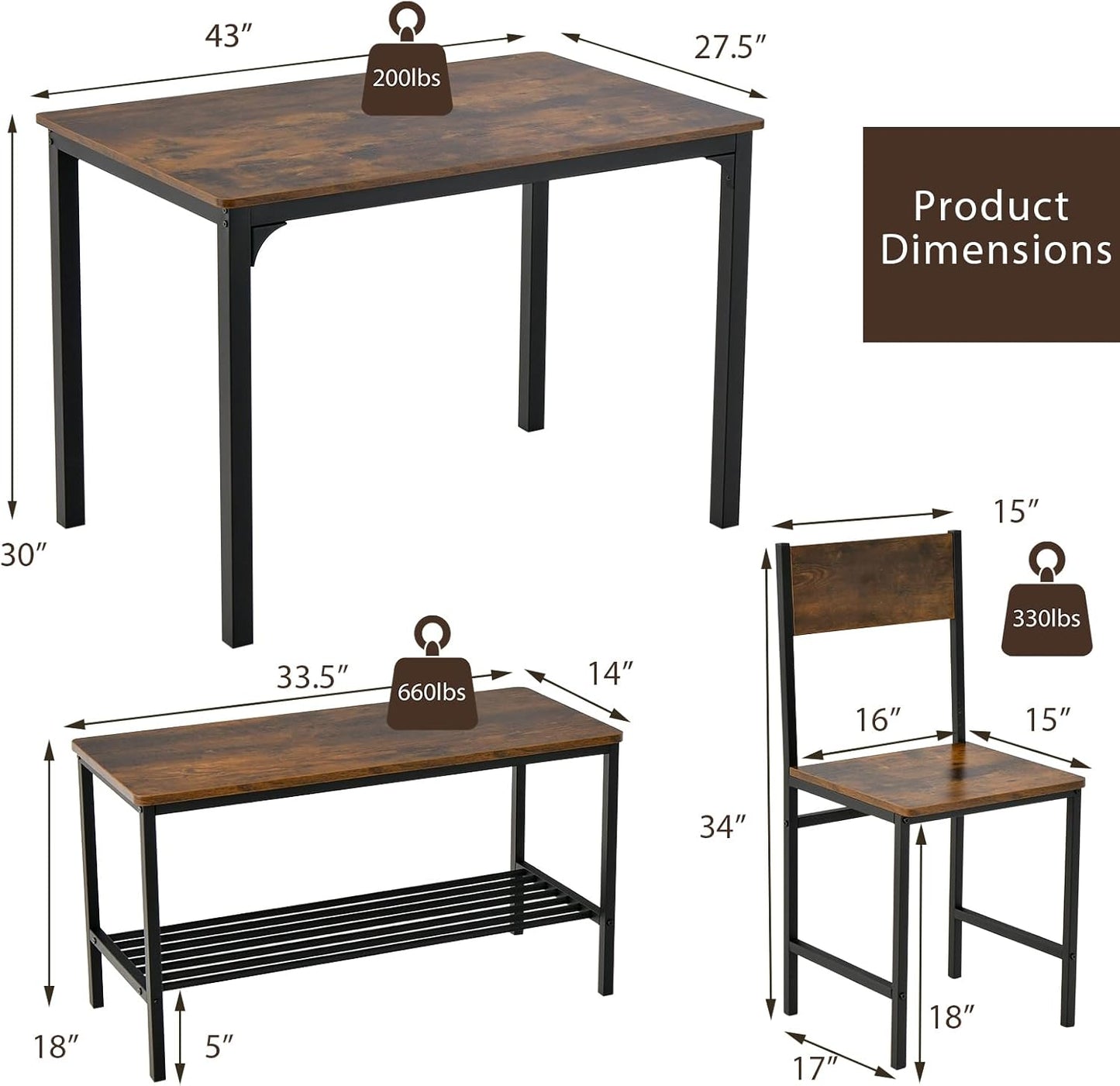 Dining Table Set for 4, Kitchen Table and 2 Chairs for 4 with Bench, 4 Piece Dining Table Set for Small Space, Apartment
