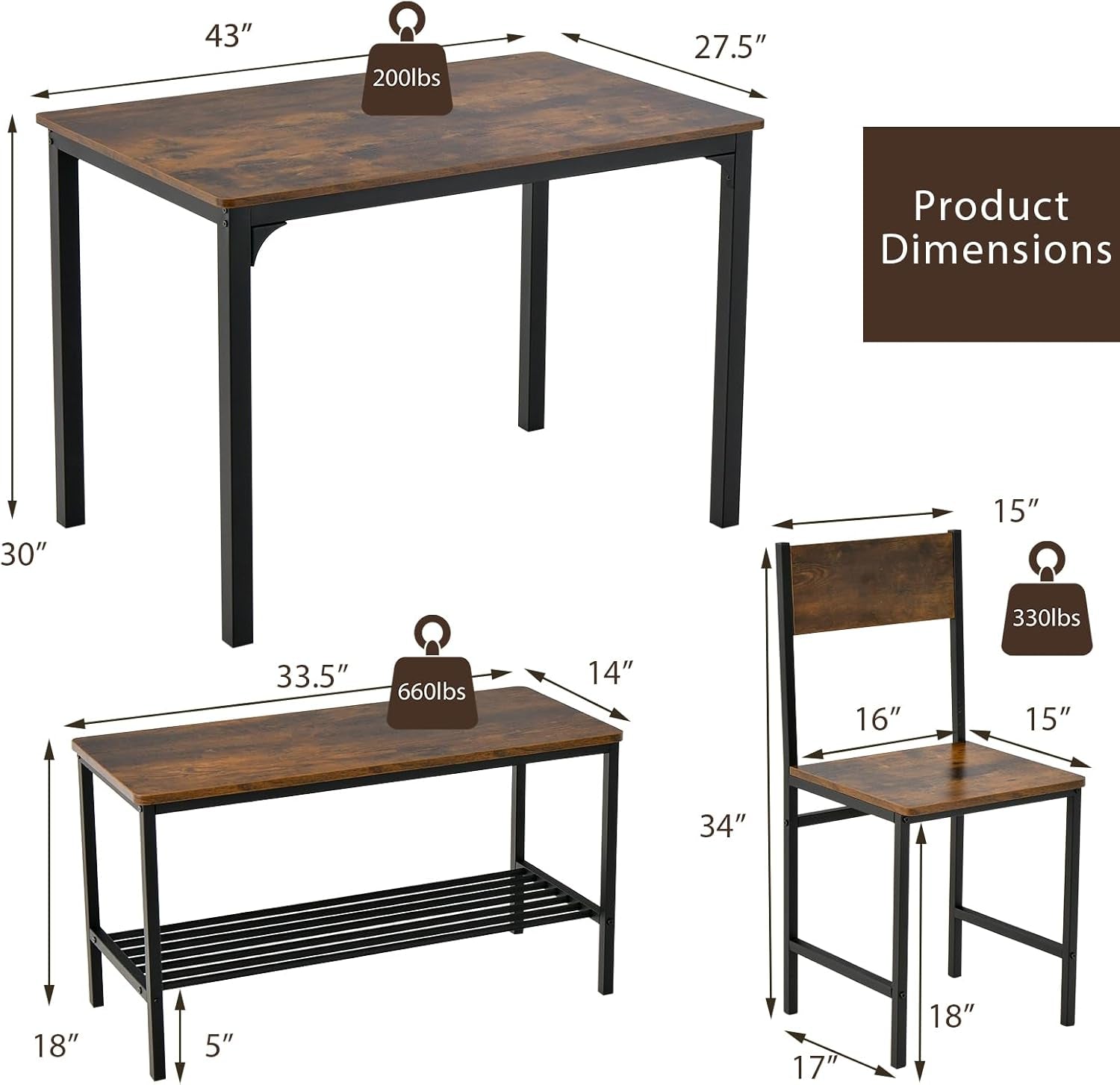 Dining Table Set for 4, Kitchen Table and 2 Chairs for 4 with Bench, 4 Piece Dining Table Set for Small Space, Apartment