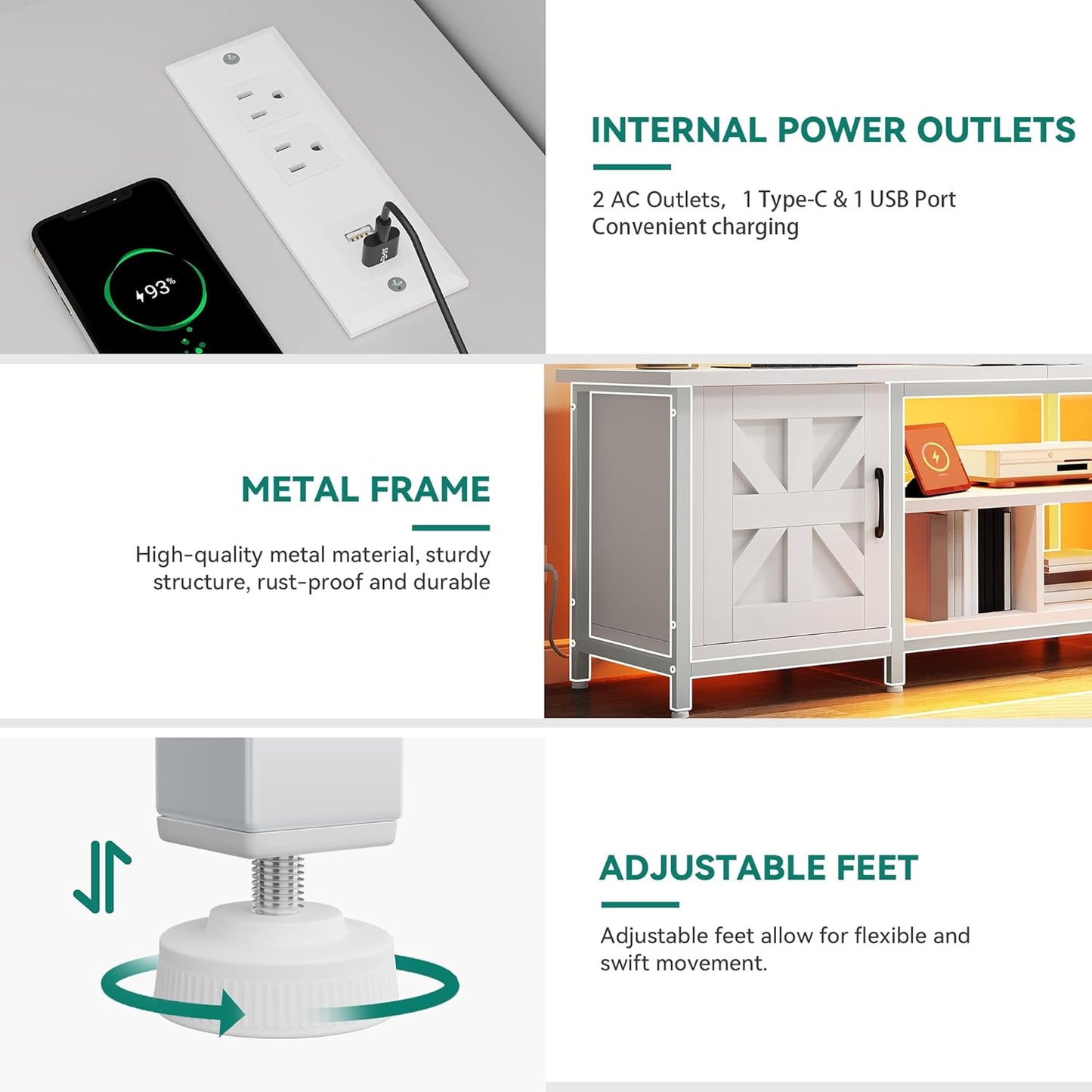 TV Stand with LED Lights & Charging Station, Farmhouse Entertainment Center with Storage Cabinets & Shelves, Cross-Pattern Doors, Fits Tvs up to 70'', TV Consoles for Living Room, White