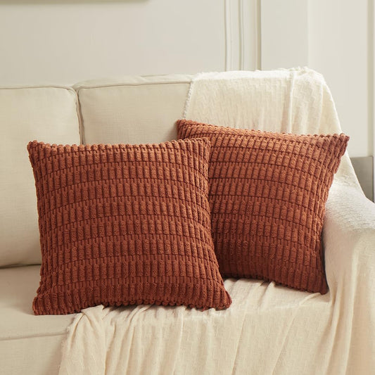 2 Packs Rust Decorative Throw Pillow Covers 18X18 Inch for Living Room Couch Bed Sofa, Soft Striped Corduroy Square Cushion Case 45X45 Cm, Terracotta Rustic Farmhouse Boho Home Decor