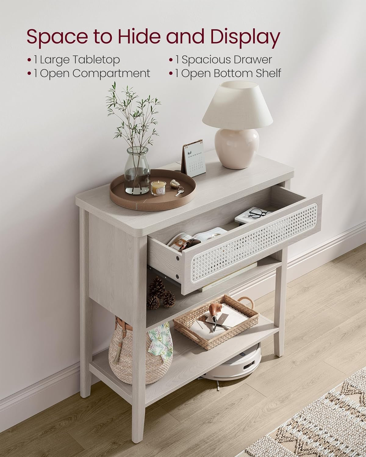 Console Table with Power Outlets, Entryway Table with Storage Shelf, Sofa Table with Drawer, Open Compartment, Rounded Corners, for Living Room, Boho Style, Oatmeal Beige ULNT140K66