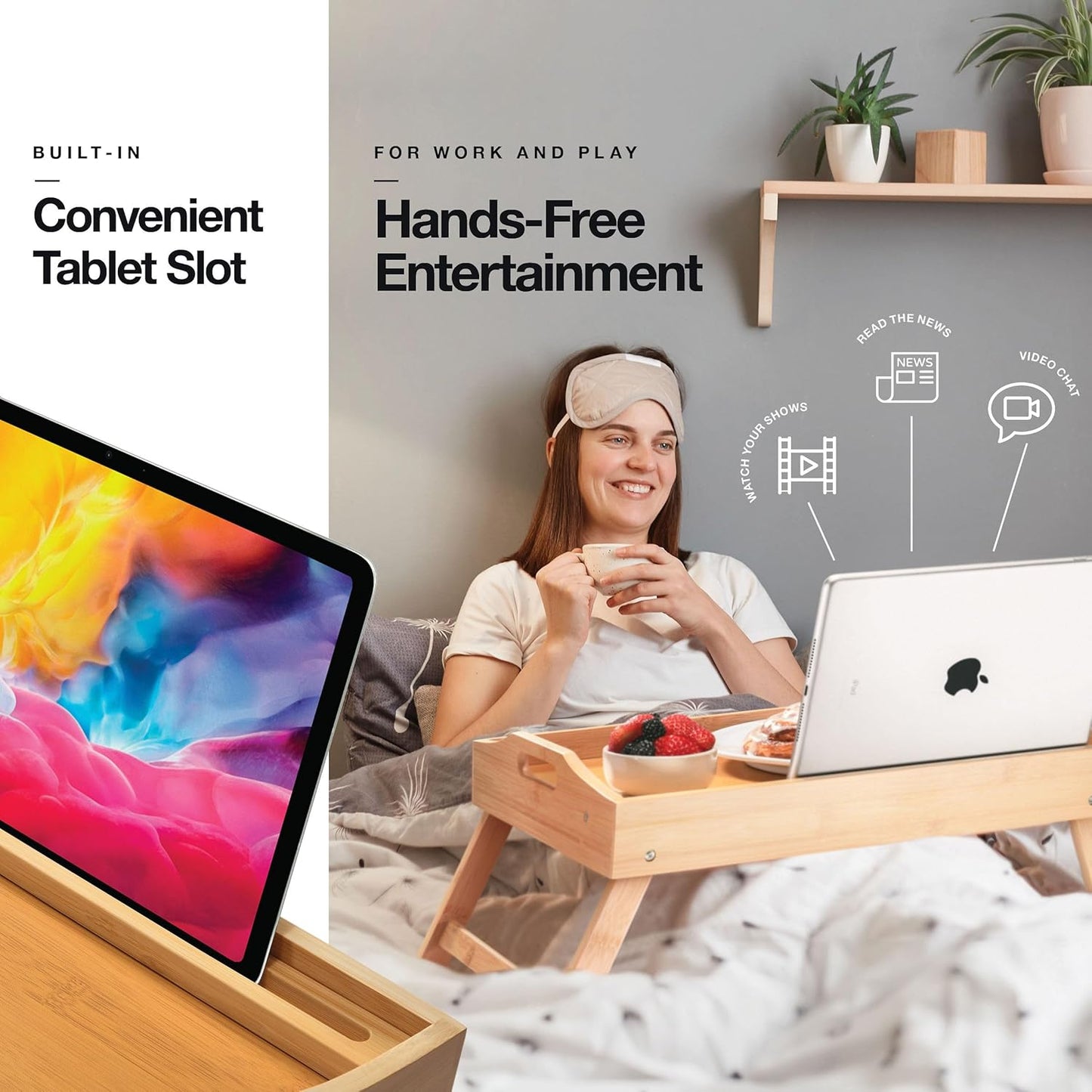 Bed Table Tray with Folding Legs, Laptop Holder and Handles - Breakfast Tray Bamboo Bed Tray for Eating, Sofa, Bed, Food Trays for Eating on Couch, Snacking and Working