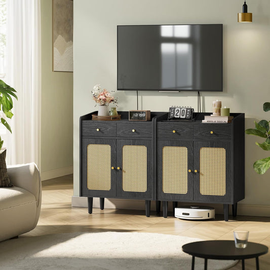 BOHOVEN Collection - Buffet Cabinets, Set of 2, Sideboard Storage Cabinets with Rattan-Like Doors and Drawers, Accent Cabinets, Adjustable Shelf, Boho Style, for Living Room, Ebony Black