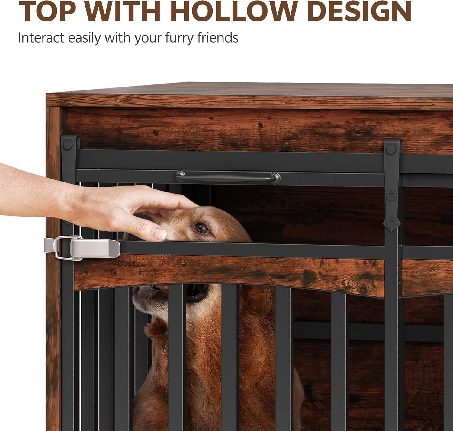 68.8" Large Dog Crate Furniture with 3 Storage Drawers & 1 Shelf Farmhouse Dog Kennel TV Stand Side Table Indoor for Large Dogs Decorative Dog Cage with Sliding Barn Door & Power Outlet Brown