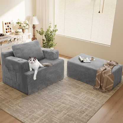 Oversized Chaise Lounge Chair, Cloud Couch with Fluffy Upholstered, Deep Seat Sleeper Sofa Bed with Two Cup Holders, Comfy Boneless Couch No Assembly Required for Living Room, Apartment (Grey)