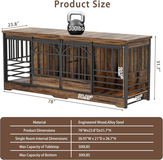 78 Inch Double Dog Crate Furniture, Extra Large Dog Kennel Indoor for 2 Dogs, Heavy Duty Dog Cage with Divider, Wooden Dog House Decorative Table TV Stand for Xlarge Dogs (Cognac Brown)