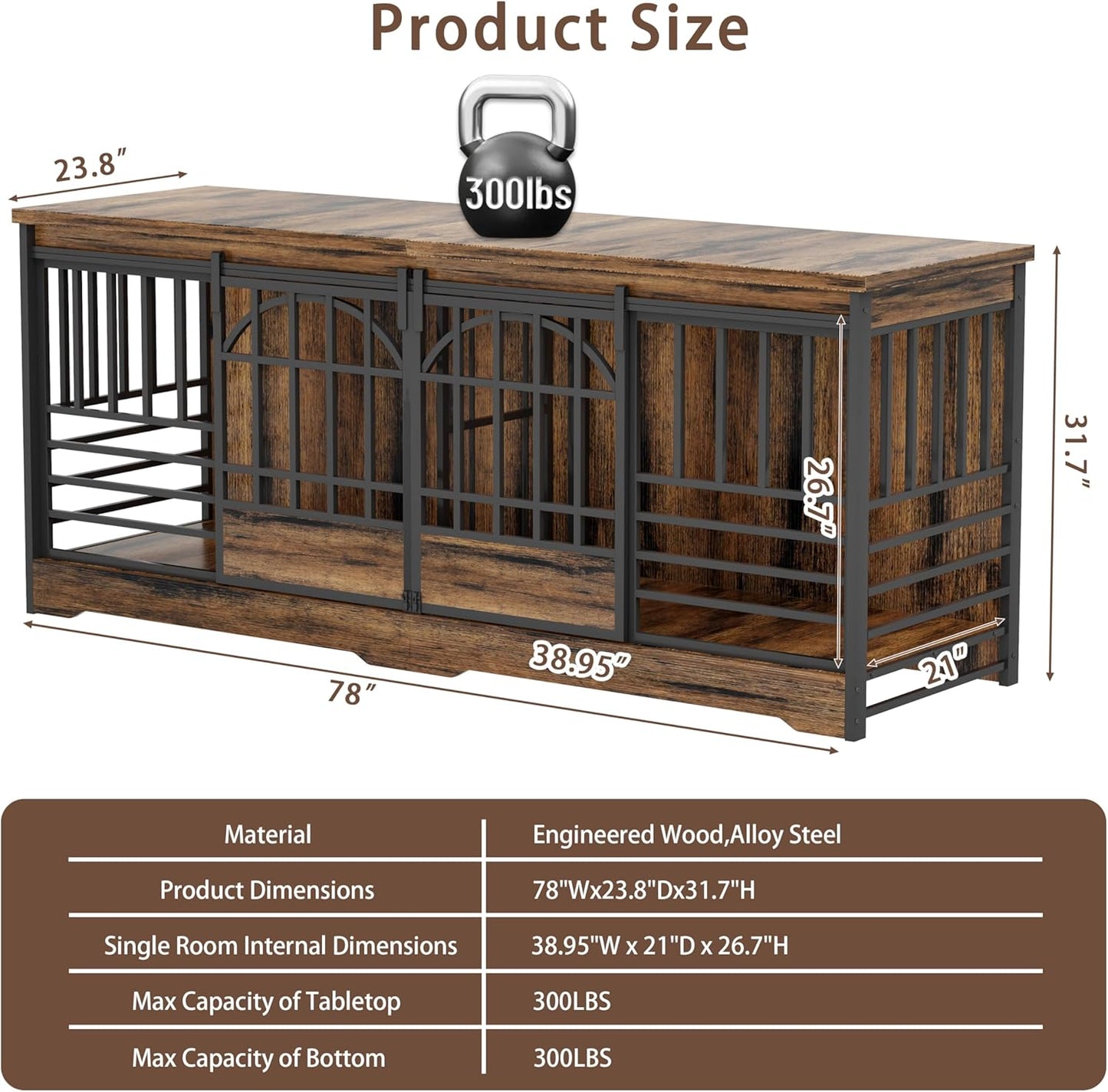 78 Inch Double Dog Crate Furniture, Extra Large Dog Kennel Indoor with Divider, Heavy Duty Dog Cage for 2 Dogs, Decorative Wooden Dog House Decorative Table TV Stand, Pet House for Xlarge Dogs,Brown