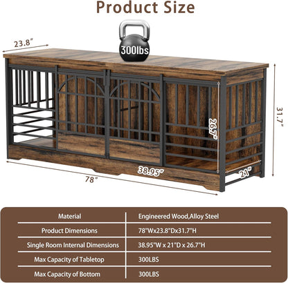 78 Inch Double Dog Crate Furniture, Extra Large Dog Kennel Indoor with Divider, Heavy Duty Dog Cage for 2 Dogs, Decorative Wooden Dog House Decorative Table TV Stand, Pet House for Xlarge Dogs,Brown