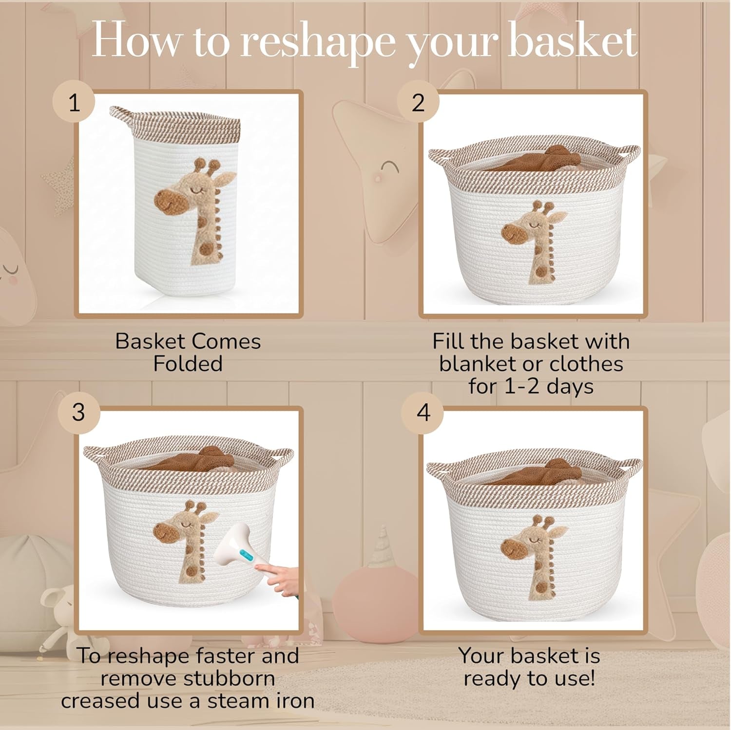 Giraffe Storage Basket for Nursery – Large 15”X11” Cotton Rope Bin with Soft Felt Animal Patch – Toy Organizer, Baby Laundry Hamper, Diaper & Towel Holder – Foldable, Washable & Baby-Safe