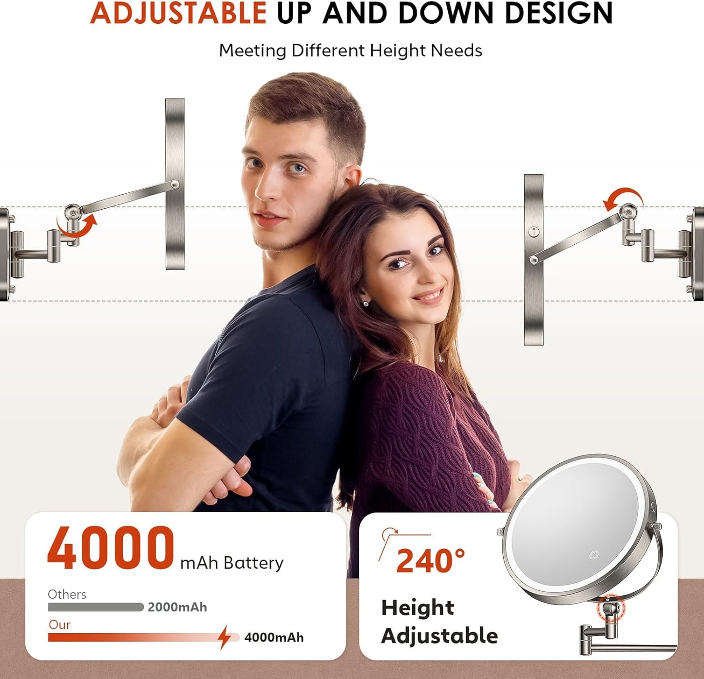 9" Wall Mounted Lighted Makeup Mirror,4000Mah Rechargeable Double Sided 1X/30X Magnifying Mirror with Light,Touch Dimmable,Extended Arm 360 Rotation Wall Mounted Makeup Mirror 3 Color Lights-N