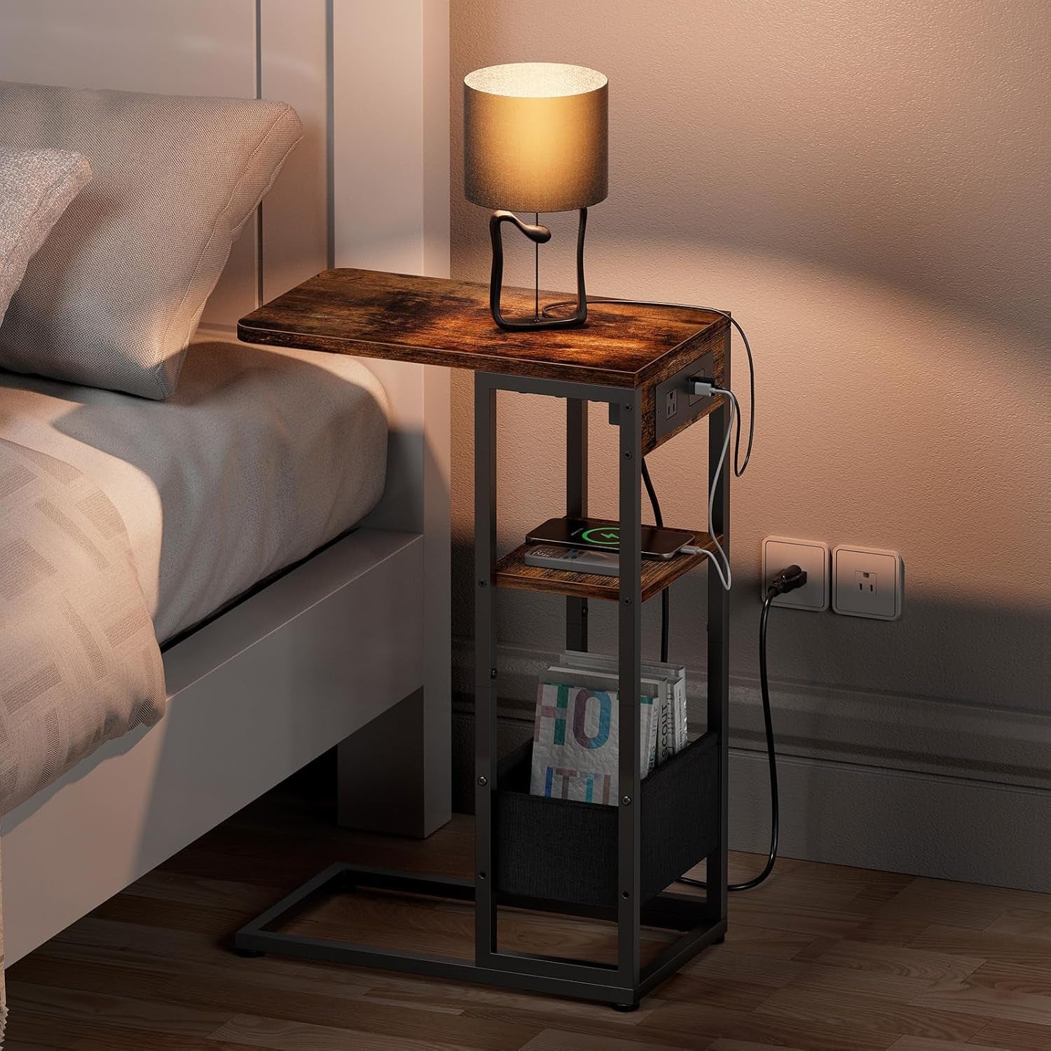 C Shaped End Table with Charging Station, Small Side Table for Couch Recliner, Slide under Sofa Desk Snack Tables with Storage Bag & AC / USB Outlet, Small Spaces Drink Tables for Living Room, Bedroom