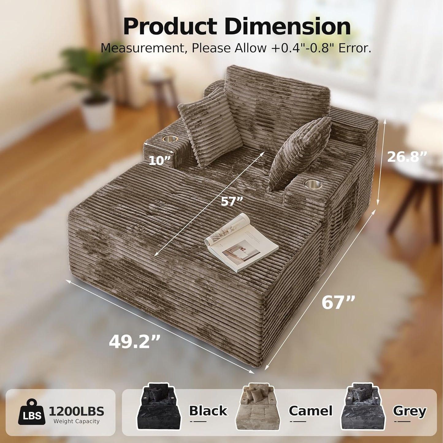 67 Chaise Lounge Chair Indoor,Oversized Boneless Single Sleeeper Couch Bed,Corduroy Cloud Sofa with 3 Soft Pillows for Livingroom,Bedroom,No Assembly,(Khaki)