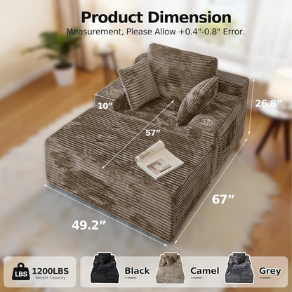 67 Chaise Lounge Chair Indoor,Oversized Boneless Single Sleeeper Couch Bed,Corduroy Cloud Sofa with 3 Soft Pillows for Livingroom,Bedroom,No Assembly,(Khaki)