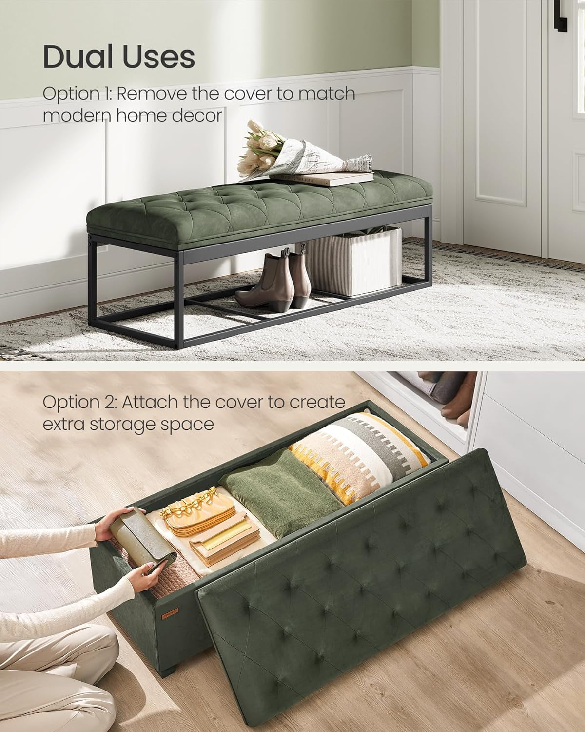 Velvet Storage Ottoman Bench, Foot Rest with Legs, 15.7 X 43 X 15.7 Inches, End of Bed Bench, Storage Chest, Load up to 660 Lb, for Living Room, Bedroom, Entryway, Forest Green ULSF089C01