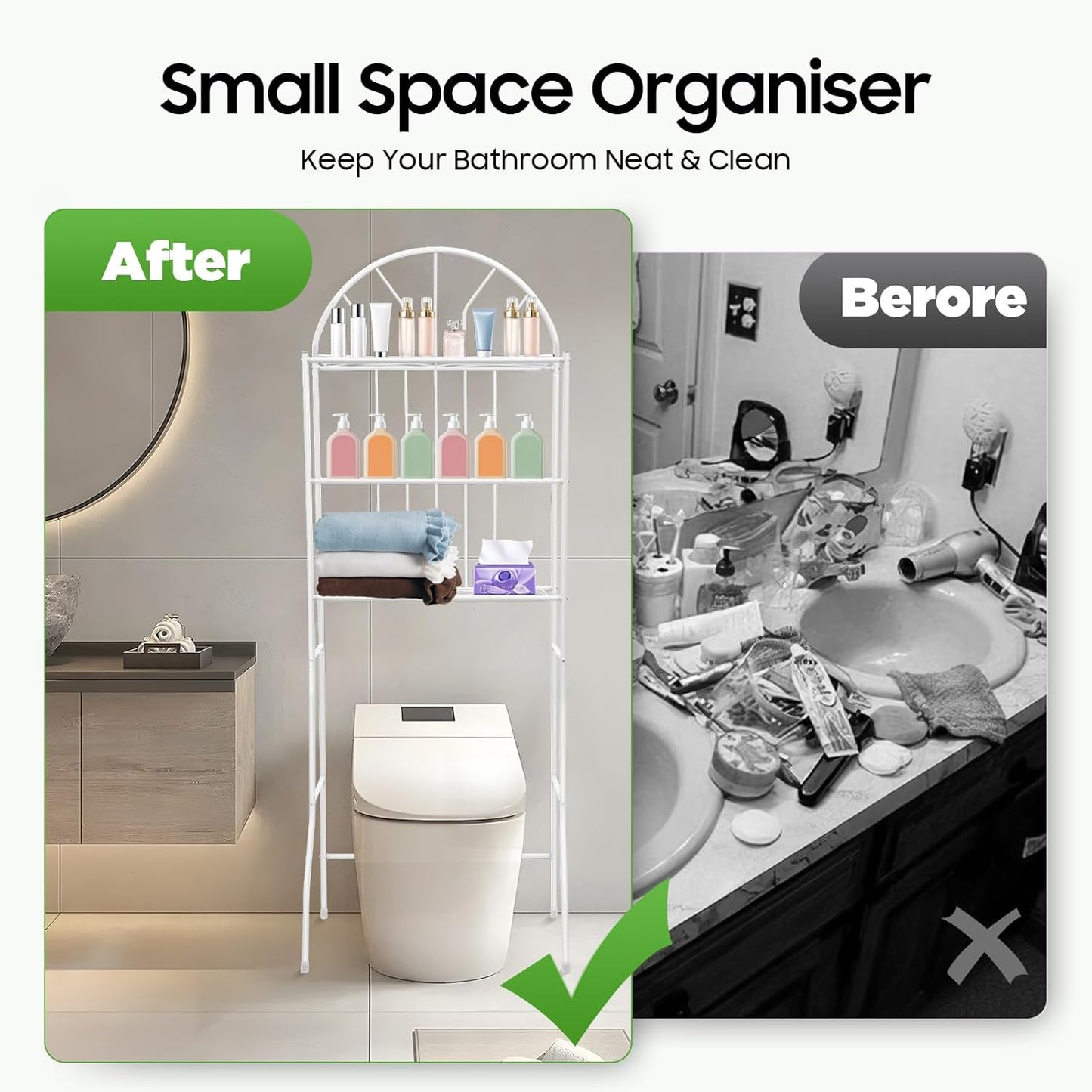 Over Toilet Storage Organizer - 3-Tier Bathroom Shelf Unit with 35.4" Clearance, 55Lb Capacity, White Freestanding Metal Rack for Toiletries & Towels