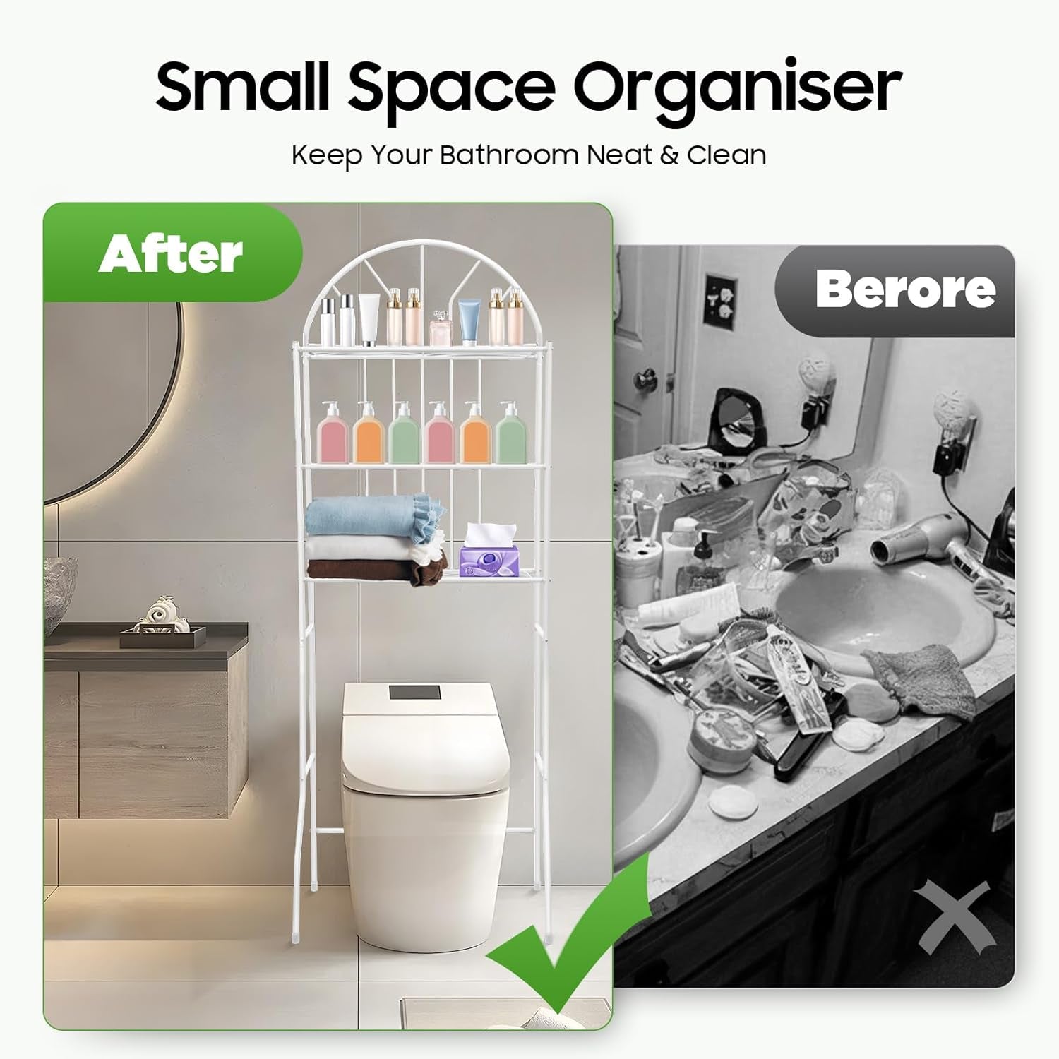 Over Toilet Storage Organizer - 3-Tier Bathroom Shelf Unit with 35.4" Clearance, 55Lb Capacity, White Freestanding Metal Rack for Toiletries & Towels