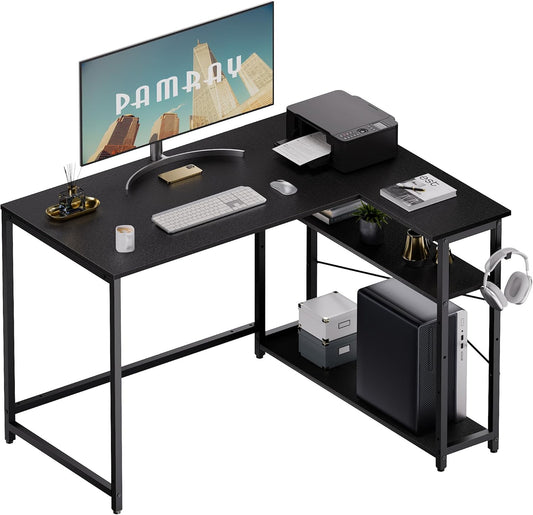 43 Inch L Shaped Computer Desk with Reversible Side Storage Shelves, Small Corner Desk for Small Space Home Office,Writing Study Table Gaming PC Desk for Bedroom,Black