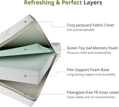 8 Inch Full Size Mattress, Cooling Green Tea Gel Memory Foam for Pressure Relief, Medium Firm Support, Fiberglass Free, Bed in a Box, Certipur-Us Certified