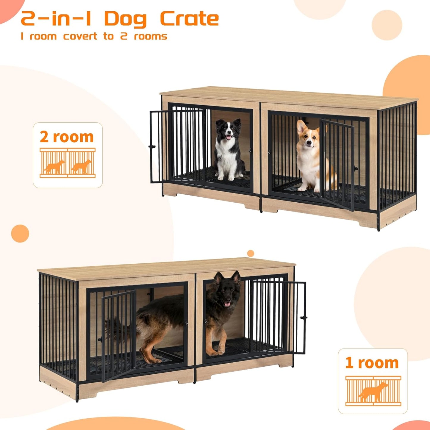 74.8" Large Dog Crate Furniture, Heavy Duty Dog Kennel House with 2 Removable Trays and Divider, Double Doors & Locks Design, Indoor Wooden Dog Crates TV Stand (Black+Natural, 74.80" L)