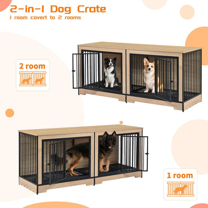 74.8" Large Dog Crate Furniture, Heavy Duty Dog Kennel House with 2 Removable Trays and Divider, Double Doors & Locks Design, Indoor Wooden Dog Crates TV Stand (Black+Natural, 74.80" L)