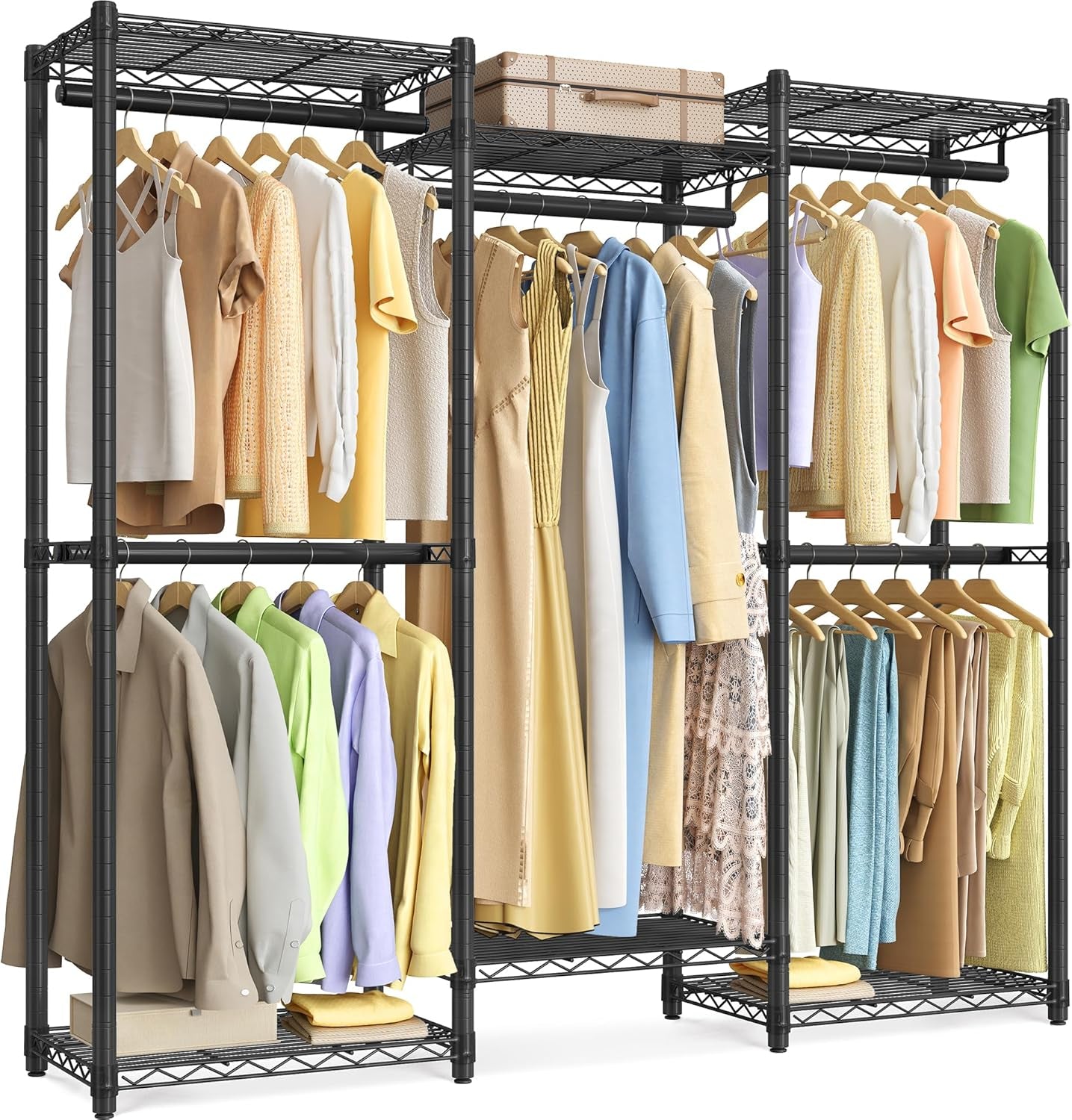 Heavy-Duty Clothes Rack, Garment Rack, Portable Closet, 68.7-Inch Wide Clothing Rack with Adjustable Mesh Shelves and Hanging Rails, Ink Black ULGR433B01