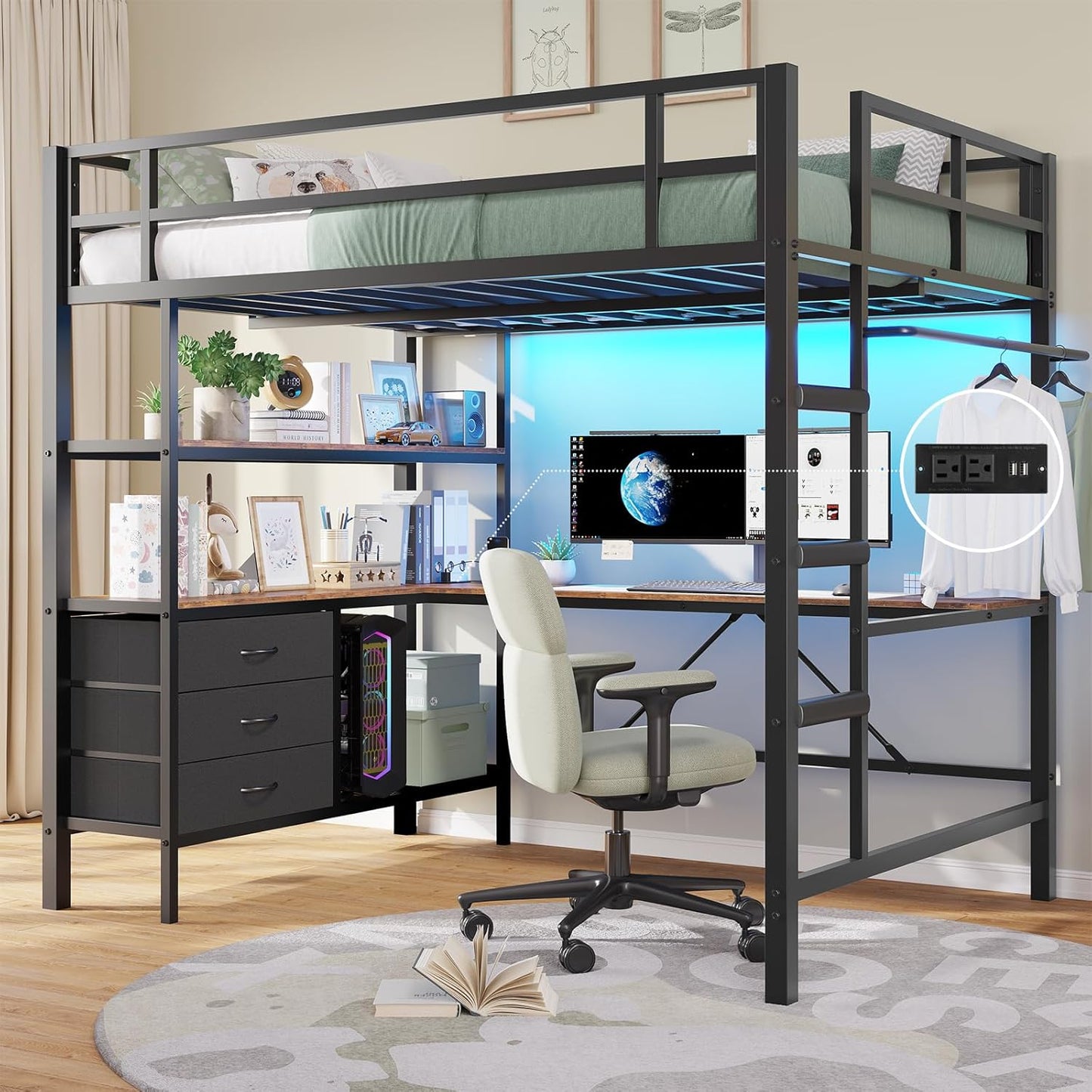 Loft Bed Full Size with L-Shaped Desk and Charging Station Metal Full Size Loft Bed with LED Lights,Storage Shelves and 3 Storage Drawers,Loft Beds for Teen/Adult with Safety Guard&Stairs,Black