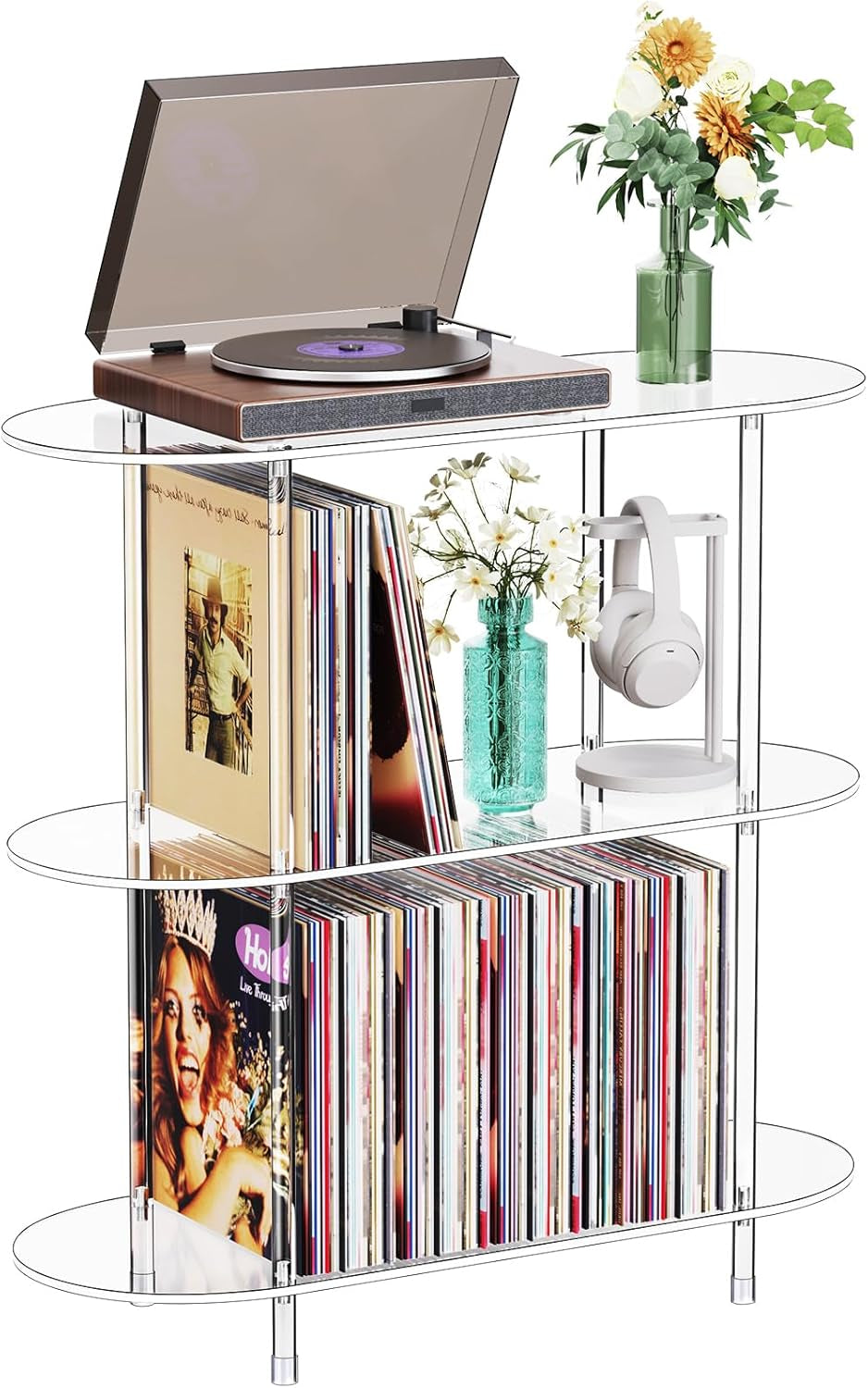 Clear Acrylic Record Player Stand with Vinyl Storage, 31.5" L X 11.8" W X 30.7" H, 3 Tier Oval Side Turntable Table with Large Album Shelf, Modern End Table Bookshelf for Living Room, Bedroom