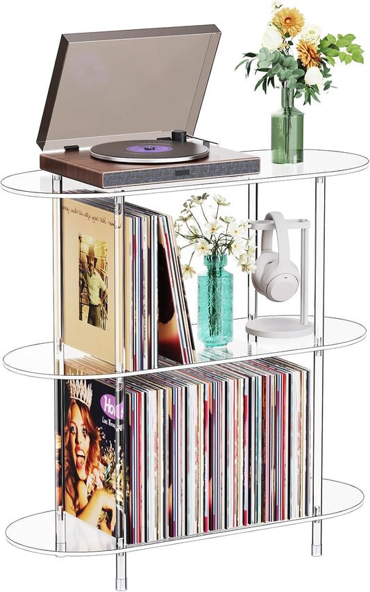 Clear Acrylic Record Player Stand with Vinyl Storage, 31.5" L X 11.8" W X 30.7" H, 3 Tier Oval Side Turntable Table with Large Album Shelf, Modern End Table Bookshelf for Living Room, Bedroom