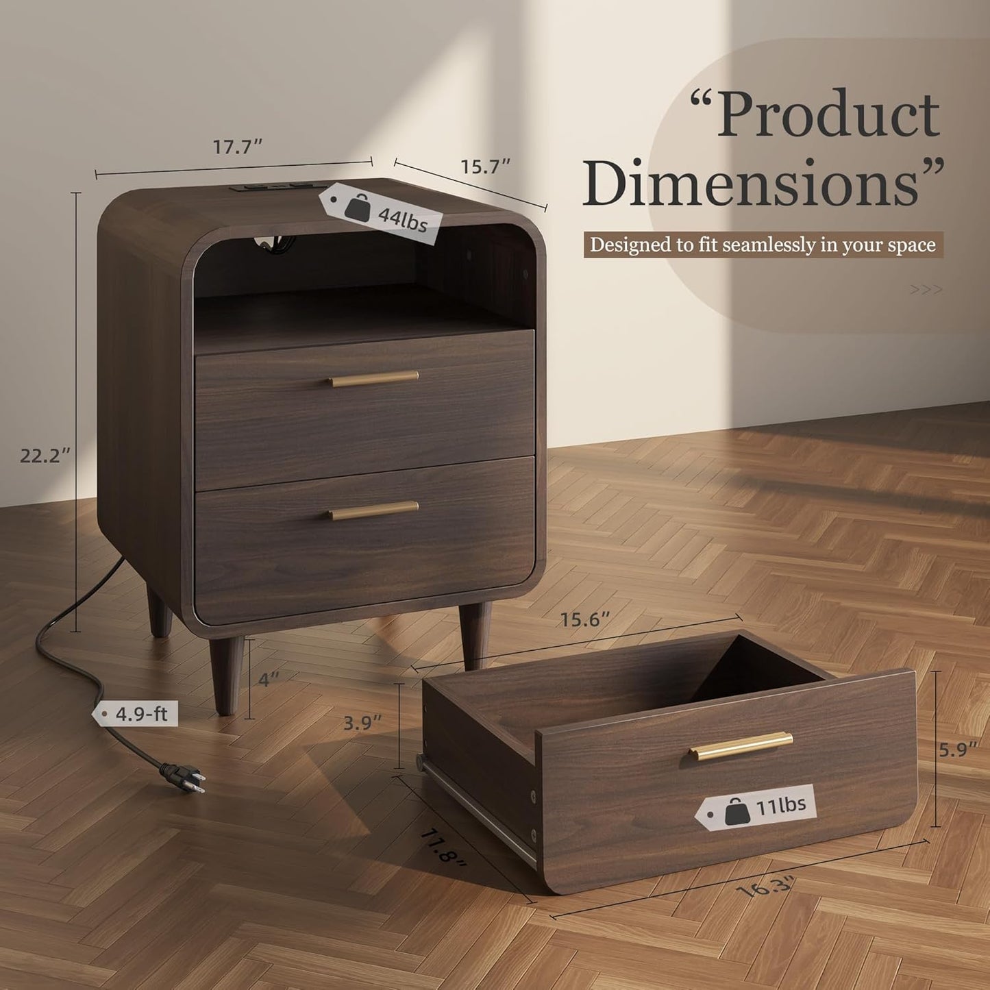 22.2'' Nightstands Set of 2 with Charging Station, Mid-Century Modern Bedside Table W/2 Drawers and Shelves, Side Table and End Table for Bedroom and Living Room, Curved Design(Walnut)