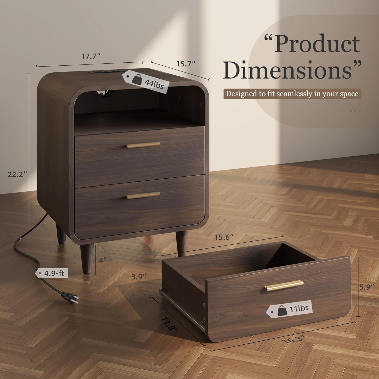 22.2'' Nightstands Set of 2 with Charging Station, Mid-Century Modern Bedside Table W/2 Drawers and Shelves, Side Table and End Table for Bedroom and Living Room, Curved Design(Walnut)