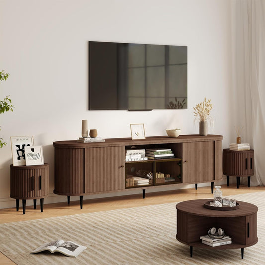 4-Piece Luxury Living Room Table Set, Includes 70" Fluted TV Stand, Fluted Coffee Table and Fluted Nightstand Set of 2 with Storage Drawers, Brown