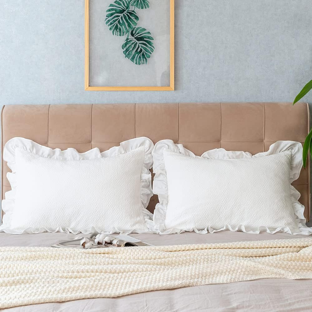 Pillow Shams Set of 2 Pure Cotton Champray Ruffled Edge,Thick and Solid Washed Dobby Heavy Fabric King 20X36 Inches