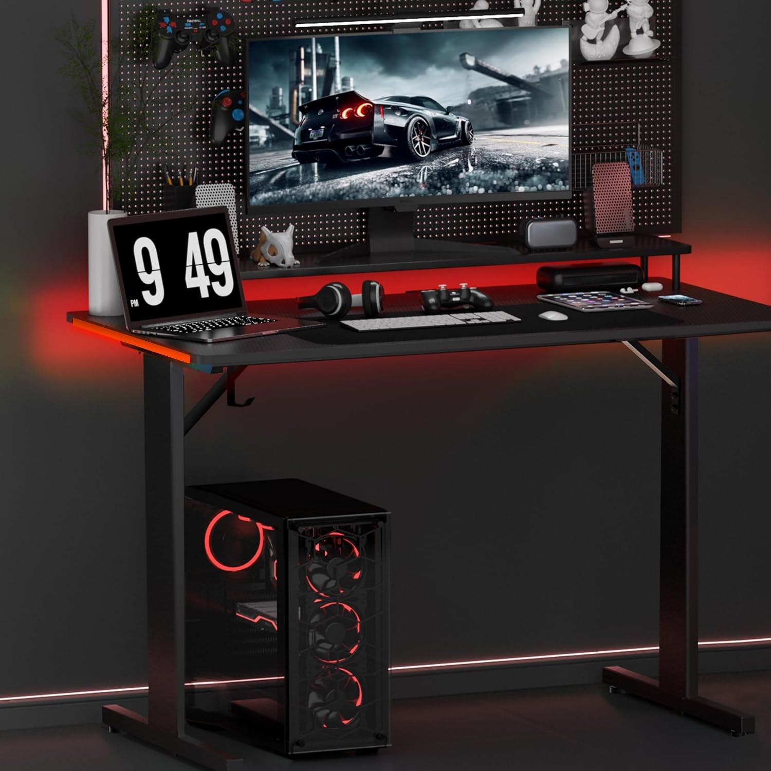 Gaming Desk 55 Inch with LED Lights, Large Computer Desk with Mouse Pad for Home Office, T-Shaped Carbon Fibre Surface PC Game Workstations with Headphone Hook