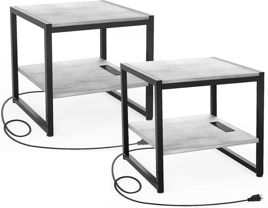 End Table with Charging Station, 20 Inch Square Side Table with USB Ports & Power Outlets, Black Nightstand with 2-Tier Storage Shelf, Mini Fridge Stand for Small Spaces, Black -2 Pack