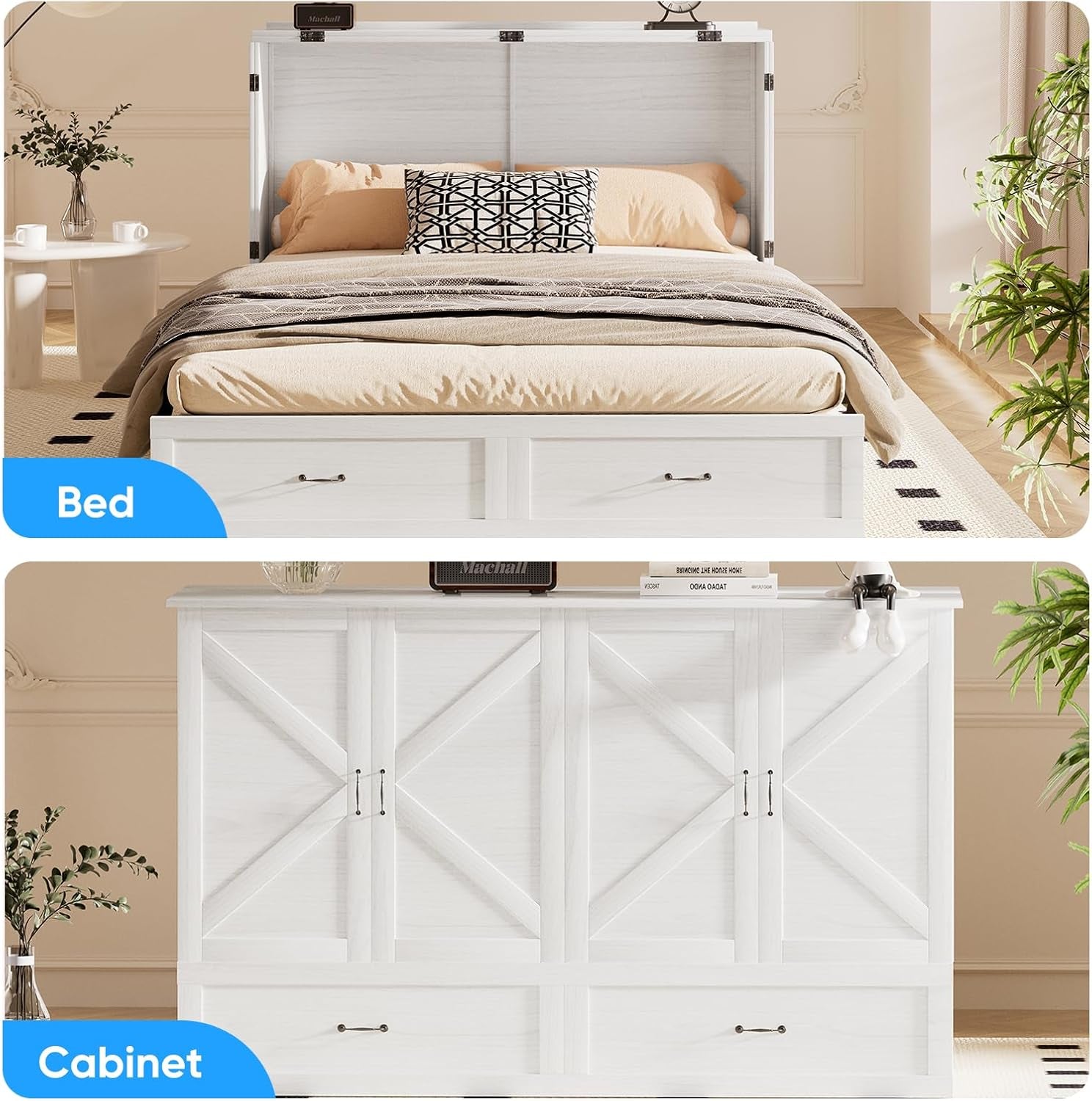 63" W Murphy Bed with Tri-Folding Mattress, Queen Cabinet Bed with Built-In Charging Station & Drawer Storage for Living Room, Apartment, Office, Home, Bedroom, White