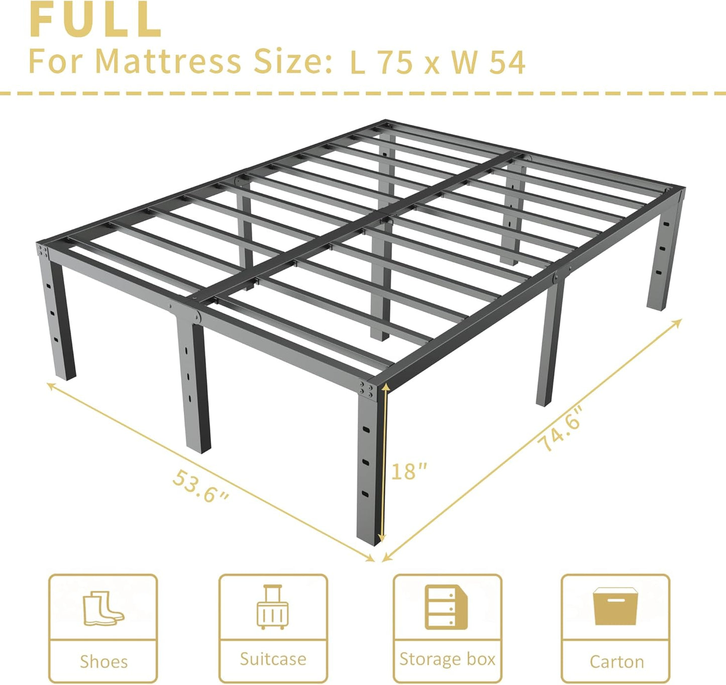 18 Inch Metal Full Size Bed Frame - Black Basic Steel Slats Platform, Easy Assembly Heavy Duty Noise Free Bedframes, No Box Spring Needed