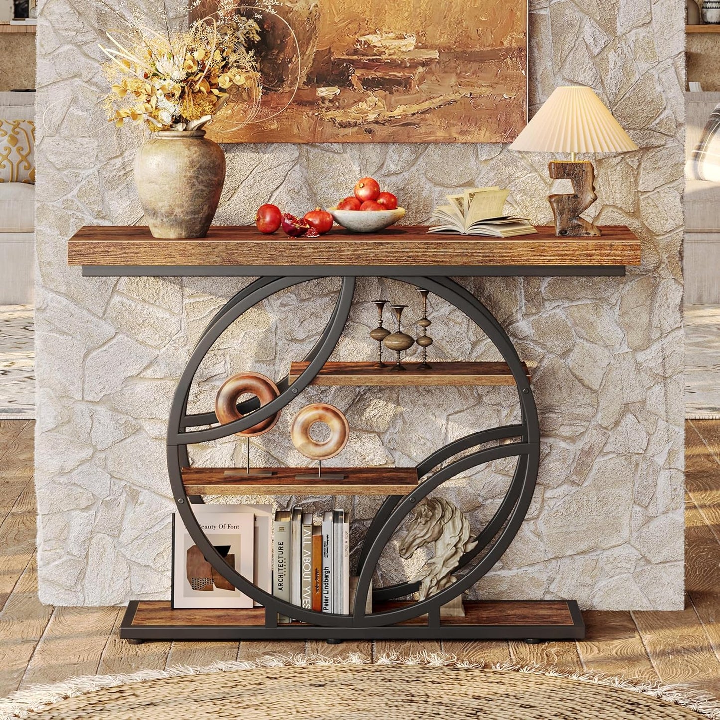 Modern Console Table, 41.3 Inch Sofa Table with Artistic Curved Metal Frame, Narrow Entryway Table for Hallway, Living Room, behind Couch, Rustic Brown